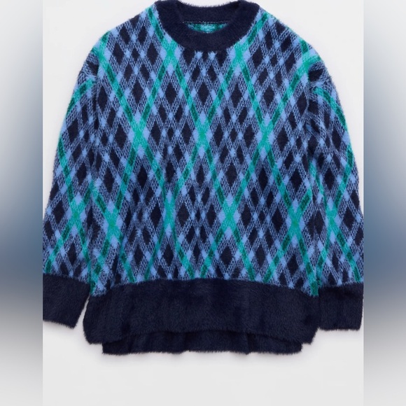 Aerie Argyle Oversized Sweater – Navy/Green/Blue – Size Small – NWT - Picture 3 of 13